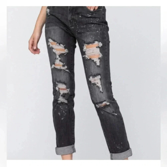 Judy Blue Boyfriend Jeans Black Destroyed Splatter JB8867 Mid Rise 11/30 - Picture 1 of 7